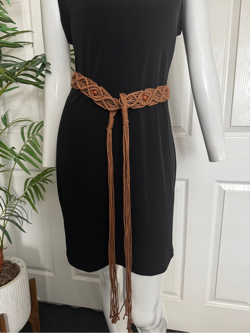 Boho Macrame Tie Belt with Wooded Beads in Cognac Brown